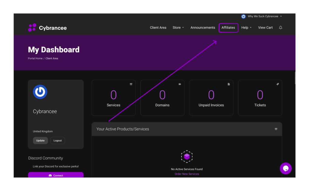 Cybrancee client area with affiliates button outlined.