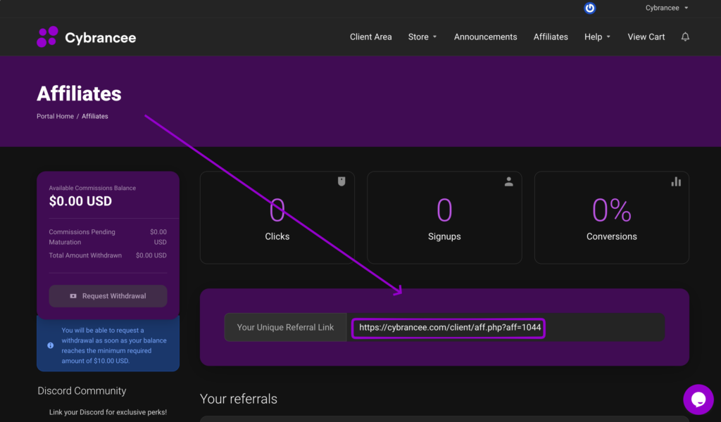 Cybrancee client area with affiliate link outlined.