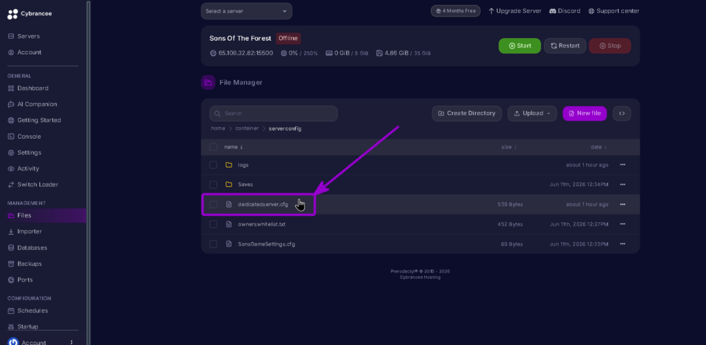 Sons of The Forest Files Tab open dedicatedserver.cfg file highlighted with arrow