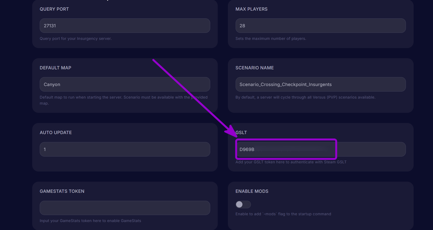 Paste the generated Login Token outlined with arrow