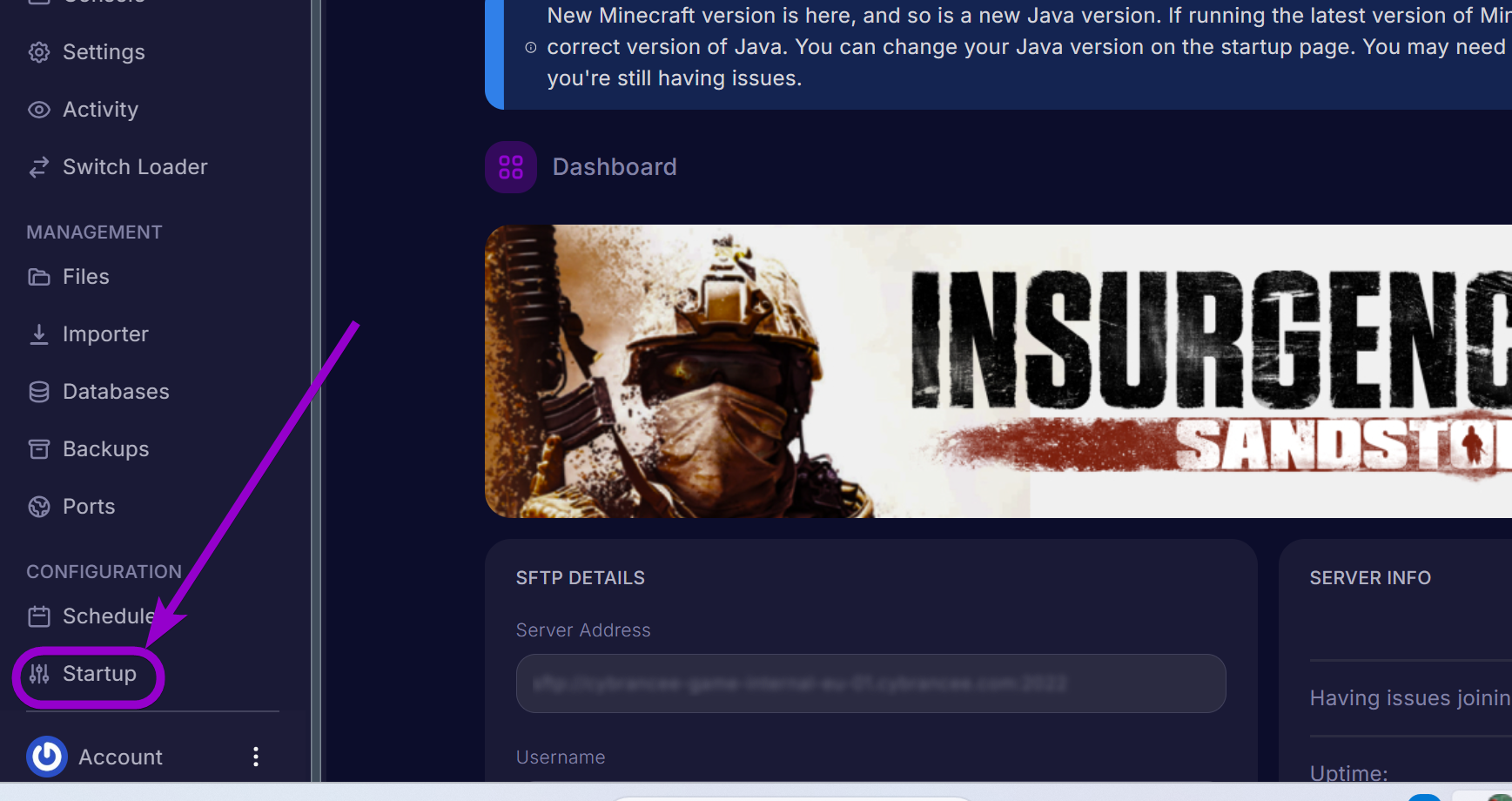 'Startup' tab outlined with arrow
