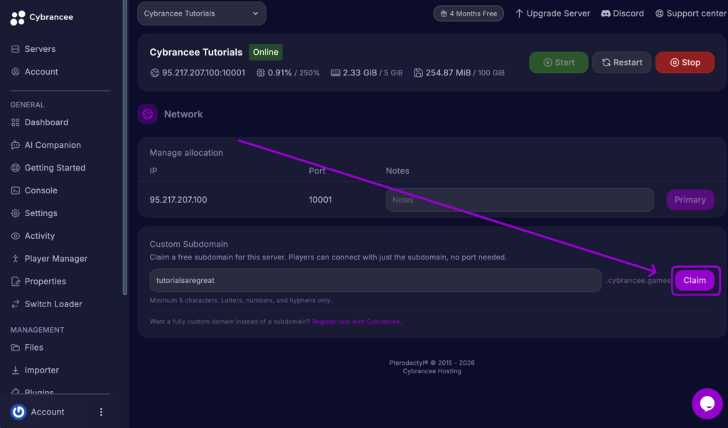 Cybrancee Panel Ports page showing claiming the subdomain.