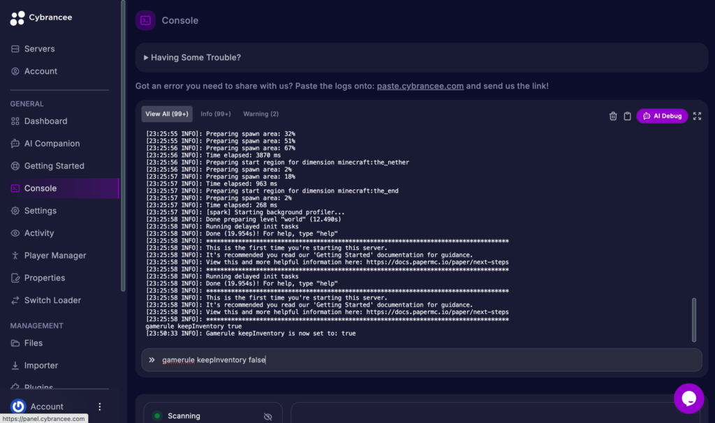 Cybrancee Minecraft server console showing the gamerule keepInventory false command