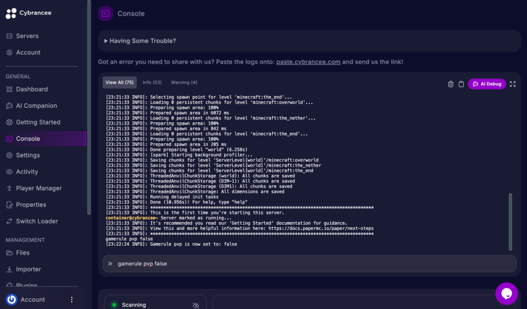 Minecraft gamerule pvp false command entered into the Cybrancee Panel console