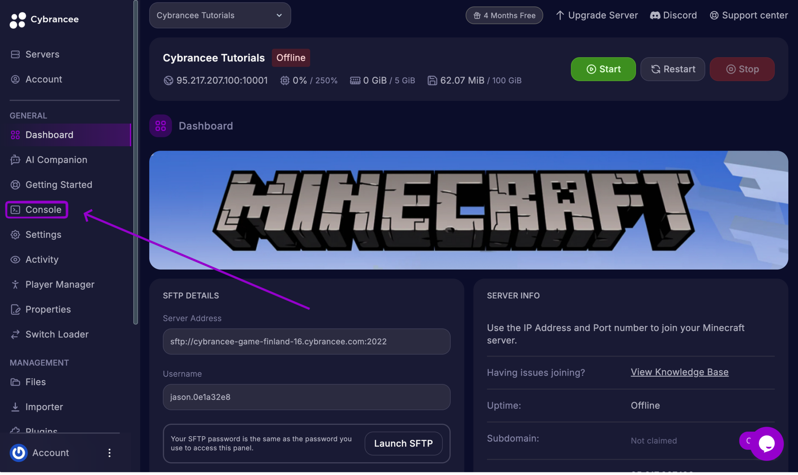 Cybrancee Panel Minecraft server Console tab outlined