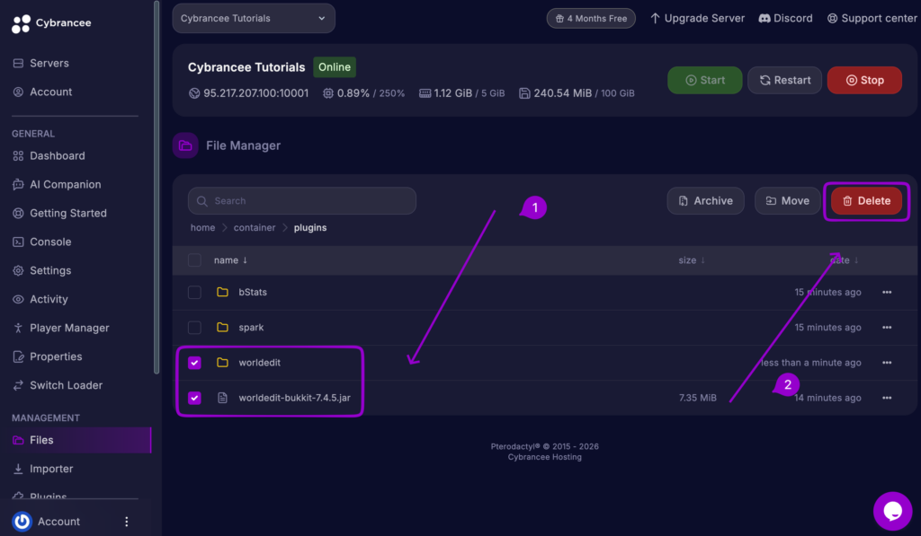 Cybrancee Panel plugins folder with plugin jar file and Delete option outlined