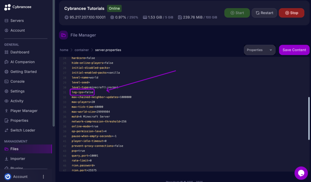ybrancee Panel server.properties editor with the log-ips setting outlined.