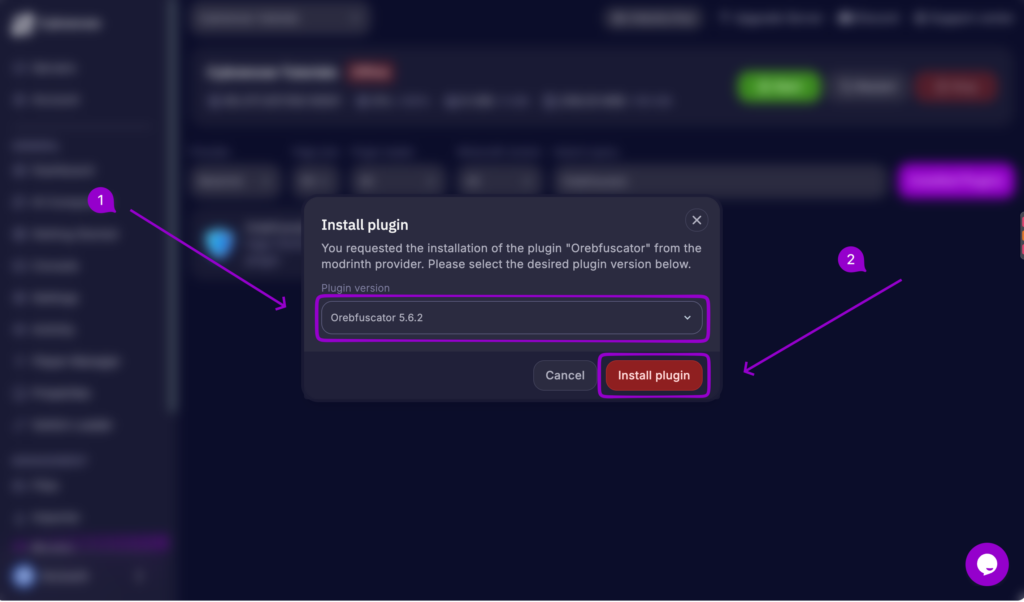 Cybrancee Minecraft installing Orebfuscator mod through plugin installer.