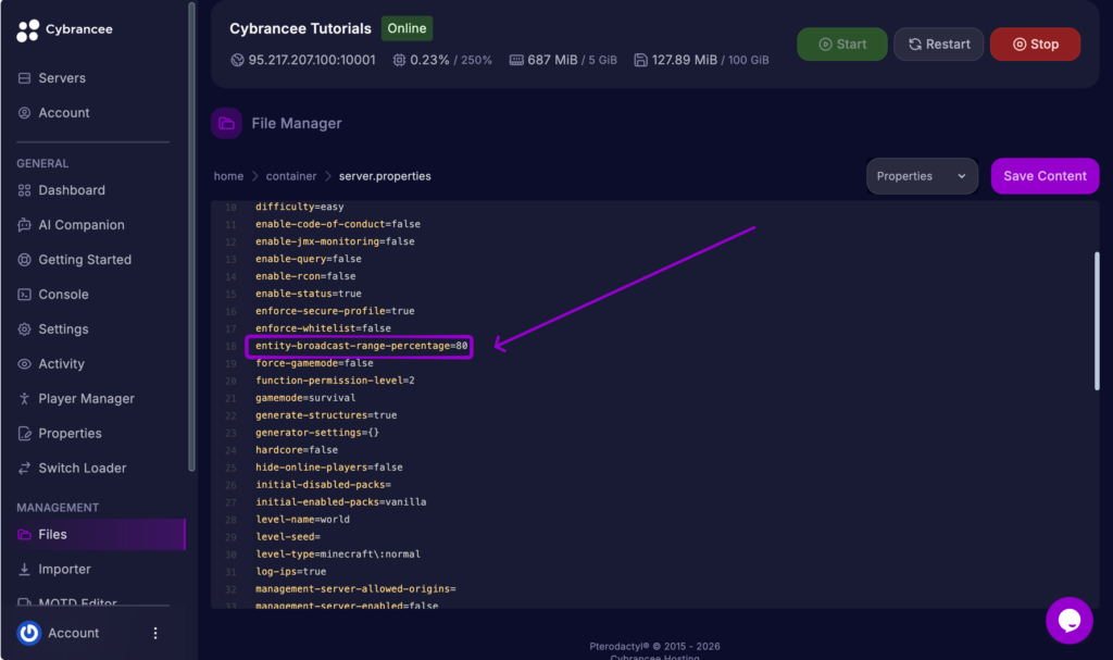 Minecraft server.properties file with the entity broadcast range percentage setting outlined