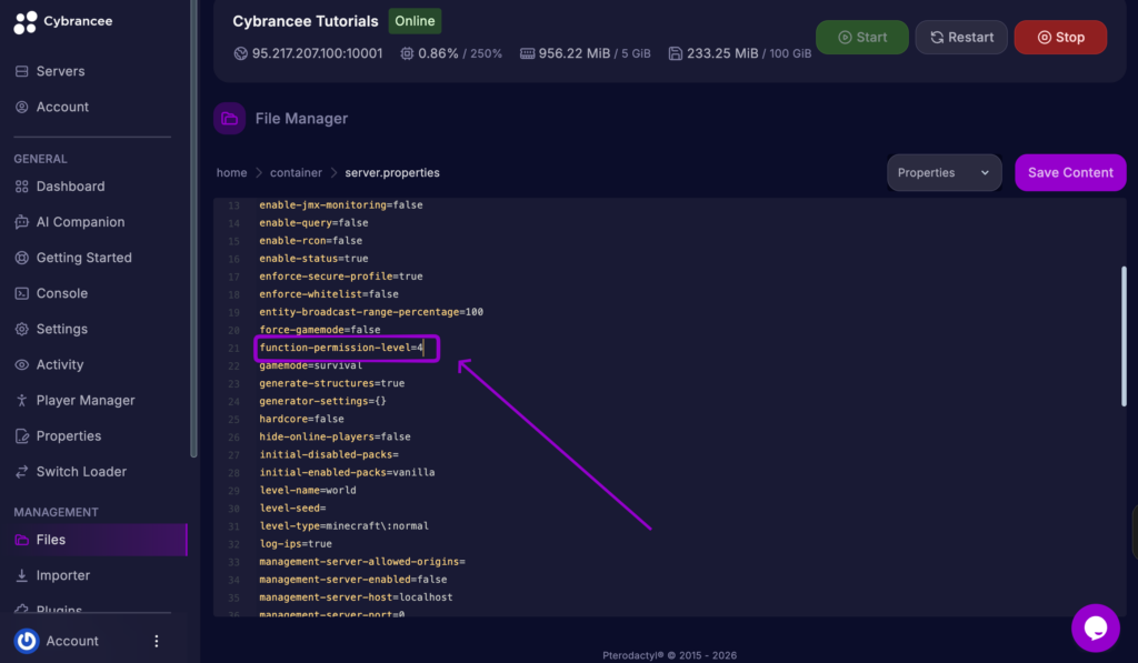 Minecraft server.properties Function Permission Level Setting Outlined in the Cybrancee Panel