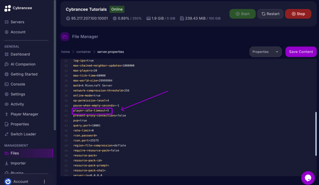 Minecraft server.properties file with the player-idle-timeout setting outlined in the Cybrancee Panel