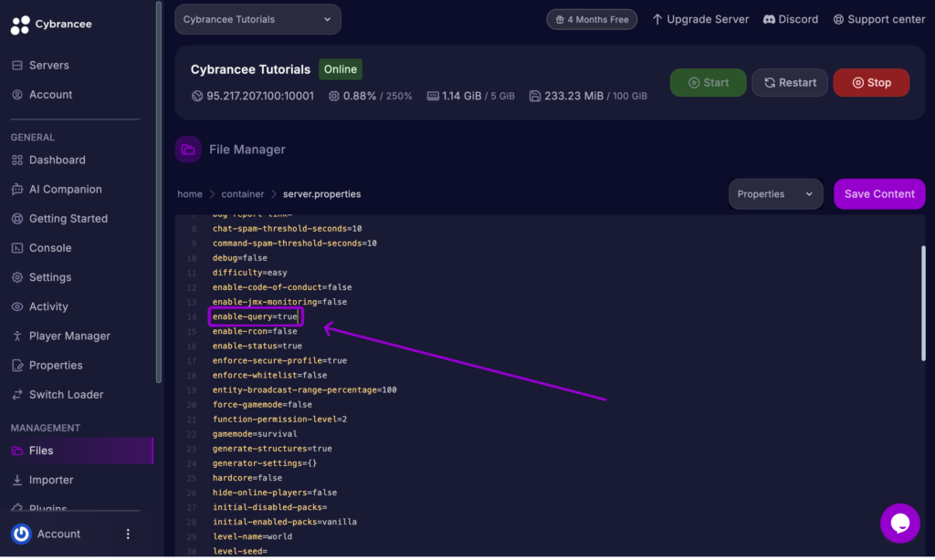 Minecraft server.properties file in the Cybrancee Panel with enable-query set to true and outlined with an arrow.