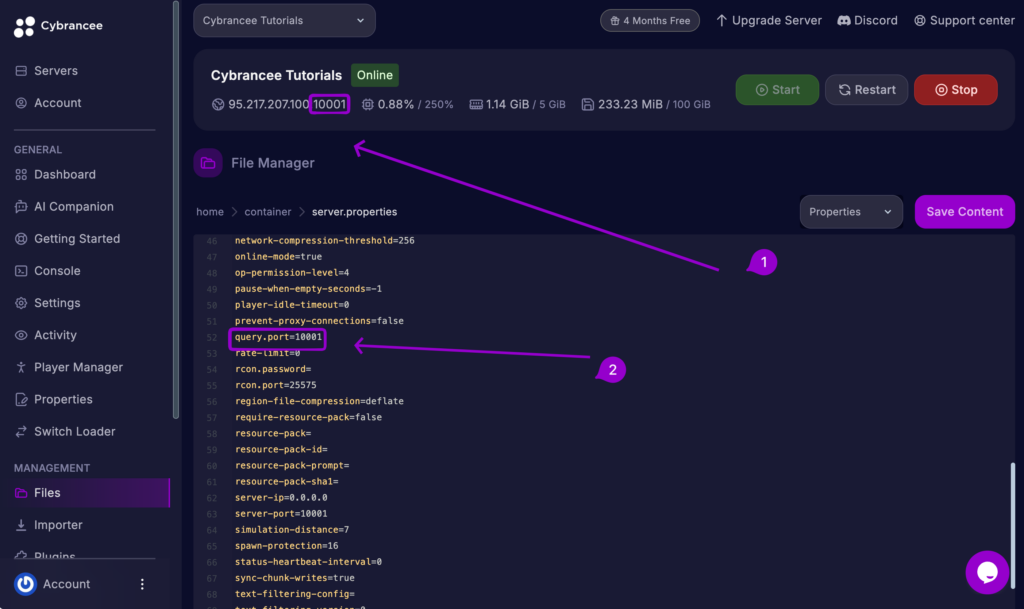 Minecraft server.properties file in the Cybrancee Panel with the query.port