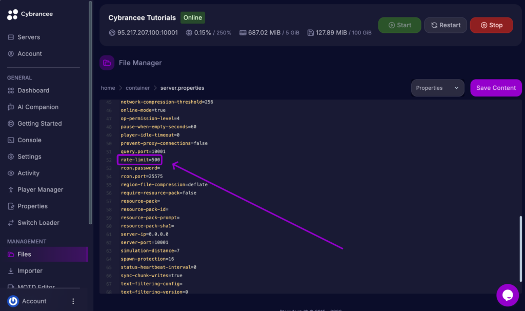 Cybrancee Panel Minecraft server.properties file with the rate-limit setting outlined