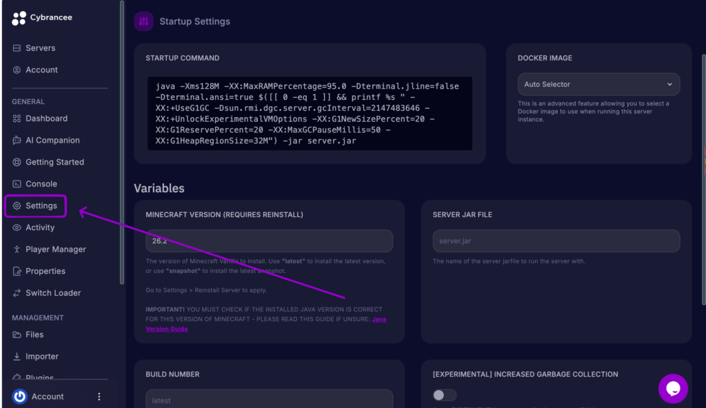 Cybrancee Panel Minecraft Server Settings Tab Outlined