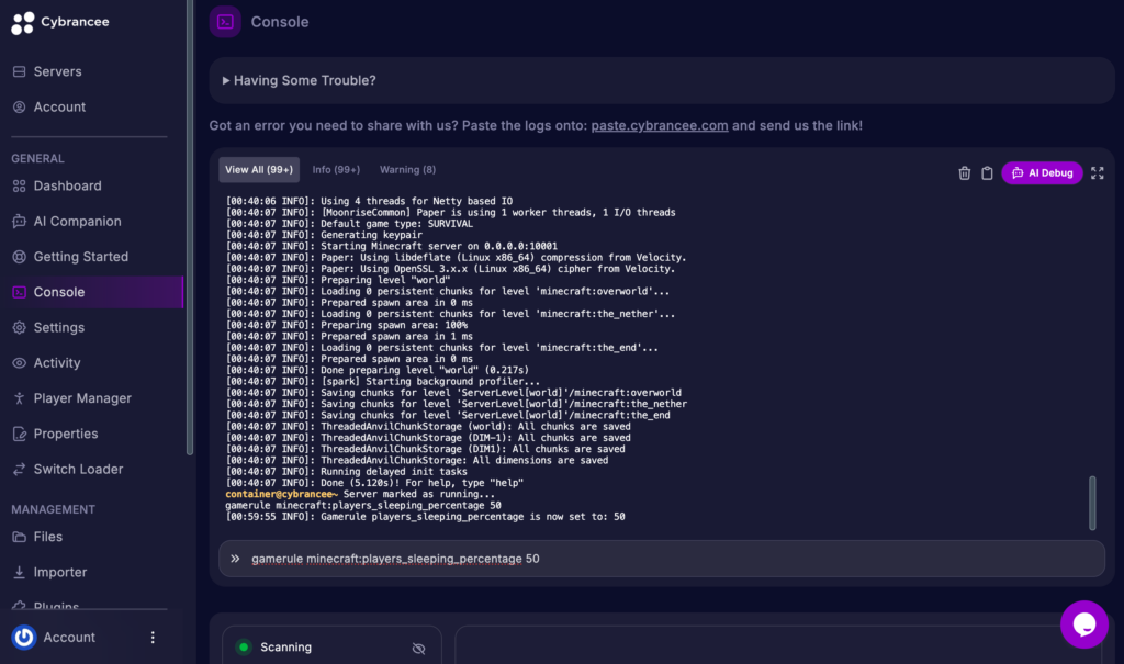 Cybrancee Minecraft server console with the player sleeping percentage gamerule command and command response outlined.