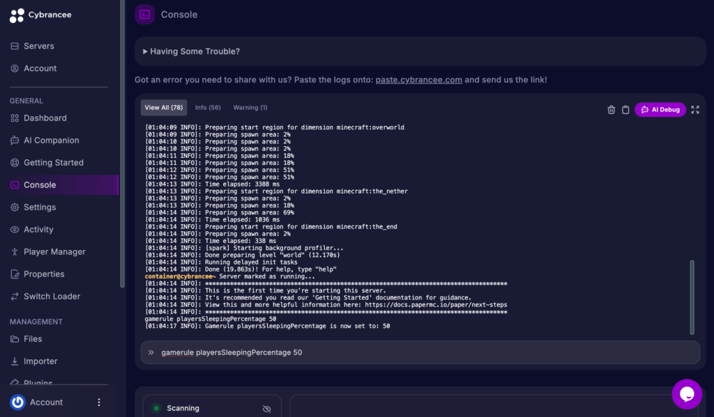 Cybrancee Minecraft server console with the player sleeping percentage gamerule command and command response outlined.