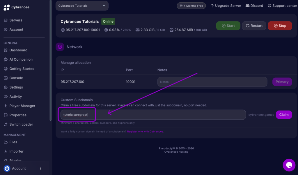 Cybrancee Panel Subdomain section with the subdomain name option outlined