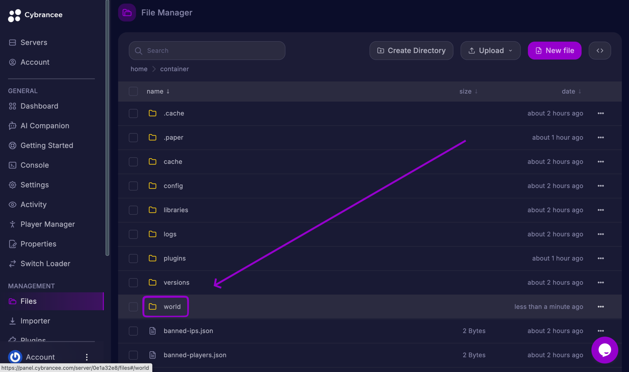 Minecraft world folder in the Cybrancee Panel file manager outlined with a purple box and arrow.