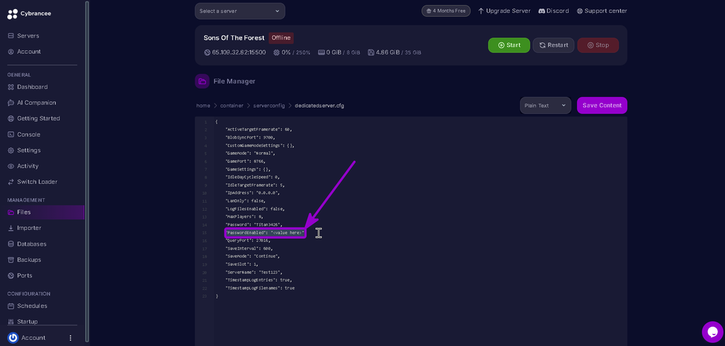 Sons of The Forest dedicatedserver.cfg file open "PasswordEnabled" highlighted with arrow