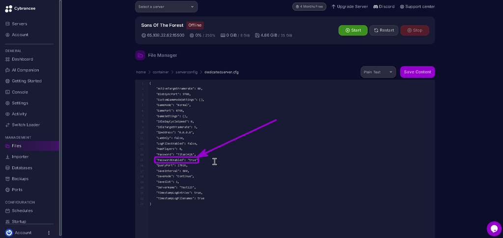 Sons of The Forest dedicatedserver.cfg file open "PasswordEnabled":"true" highlighted with arrow