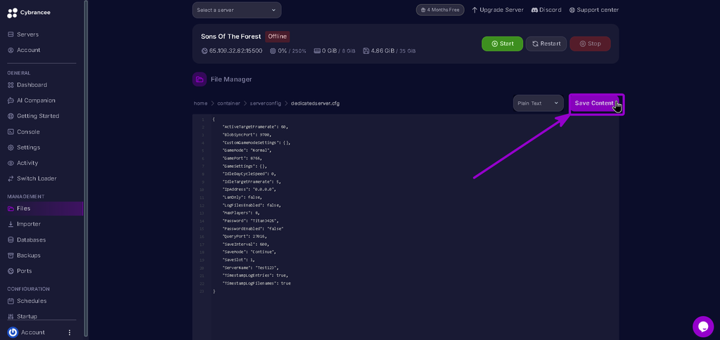 Sons of The Forest dedicatedserver.cfg file open save button highlighted with arrow