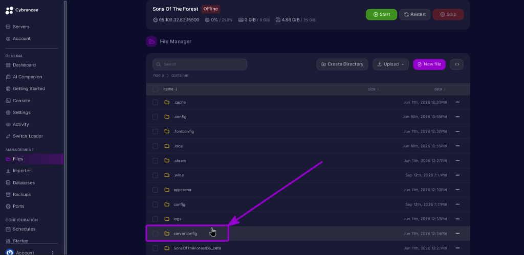 Sons of The Forest Files Tab open serverconfig folder highlighted with arrow
