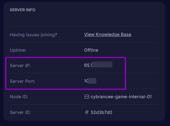 Highlighting the Server IP and Server Port fields within the Server Info box