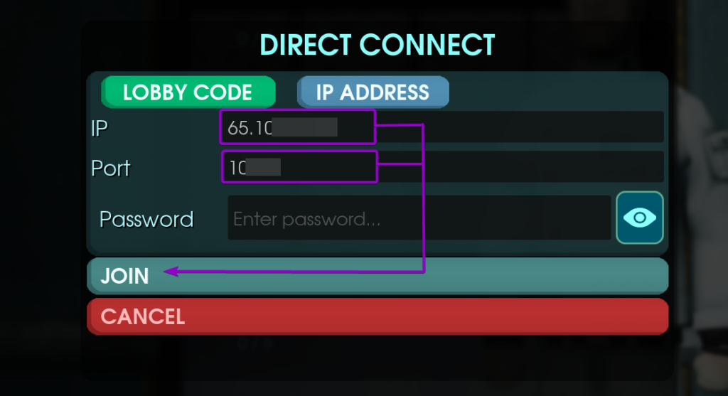 Entering the Server IP and Port details and clicking the Join button