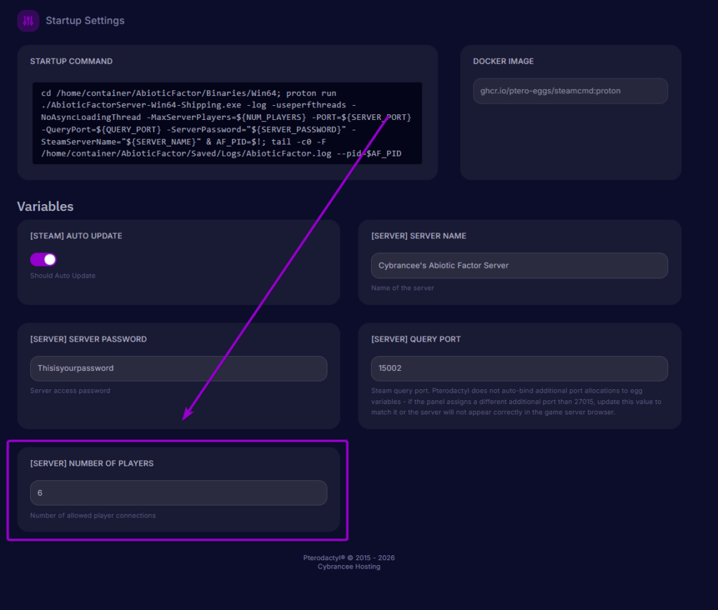 Locating the Number of Players variable under Variables in Startup Settings