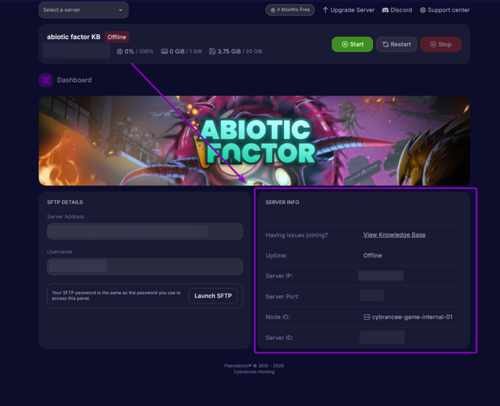 Locating the Server Info section on the Cybrancee server dashboard