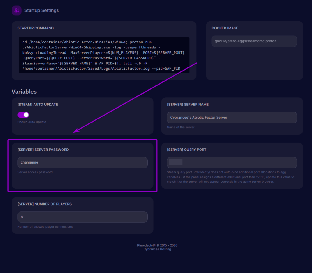 Locating the Server Password variable field under Variables in Startup Settings