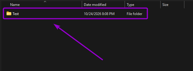 Locating the local single-player world save folder named Test inside the Worlds directory