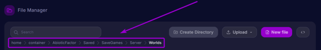 Navigating to the Server Worlds directory breadcrumb path in the File Manager