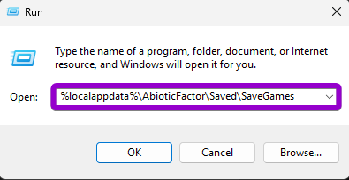 Entering the local save game directory path into the Windows Run dialog.
