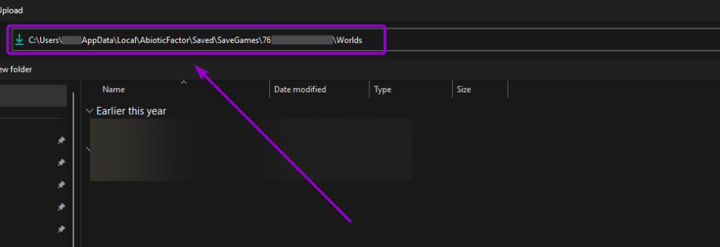 Pasting the local Worlds folder path into the Windows file upload dialog