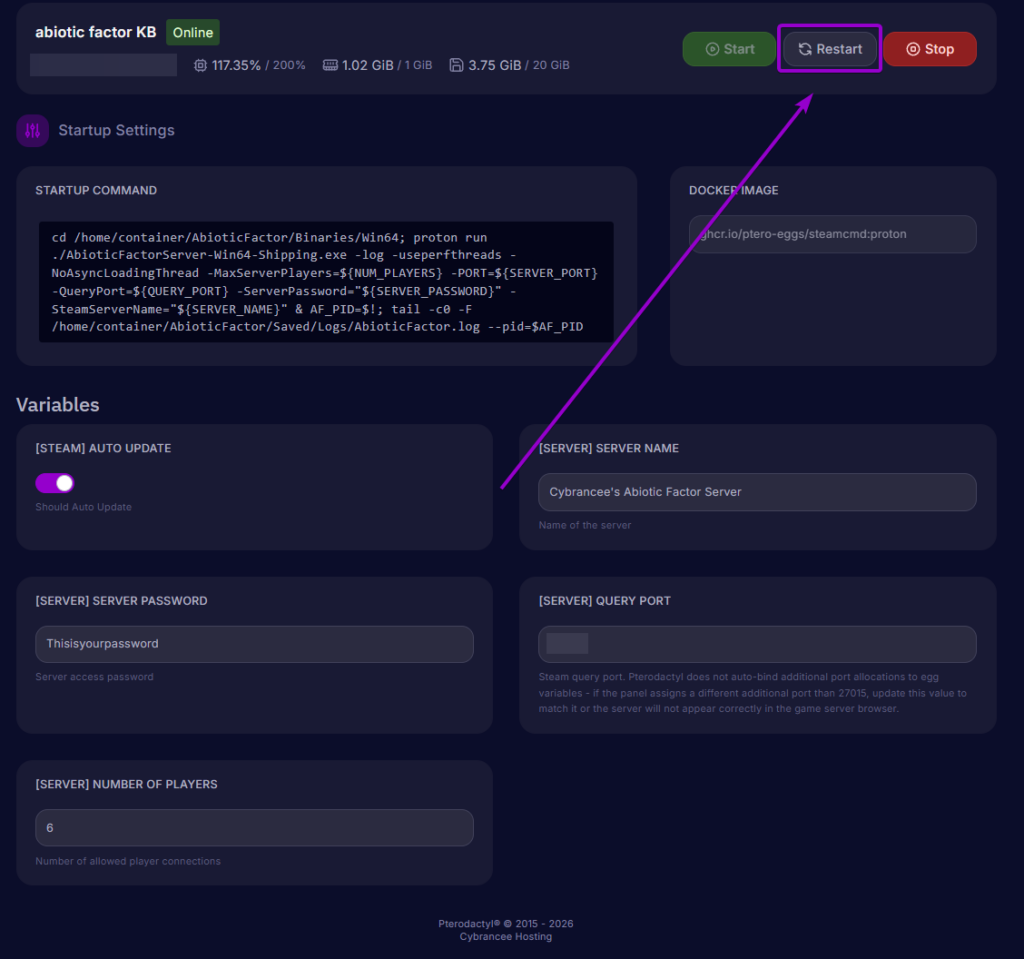 Clicking the Restart button at the top of the server control panel to apply changes