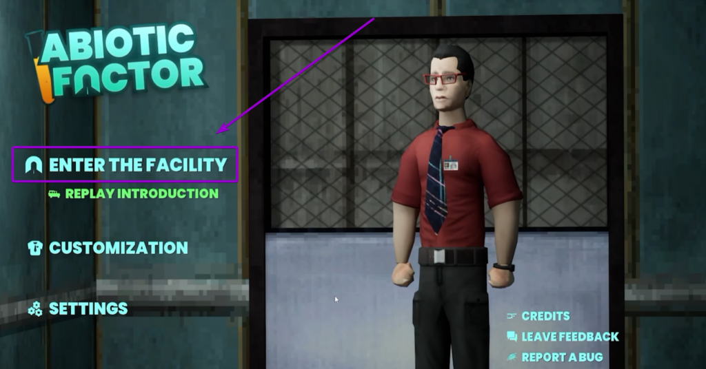 Selecting the Enter the Facility option on the Abiotic Factor main menu