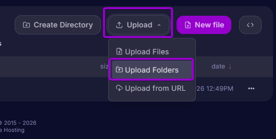 Clicking the Upload dropdown menu and selecting Upload Folders