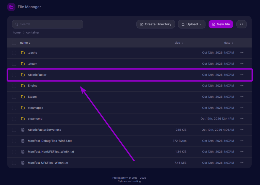 Selecting the AbioticFactor folder in the Cybrancee File Manager