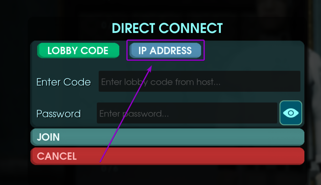 Selecting the IP Address tab inside the Direct Connect pop-up window
