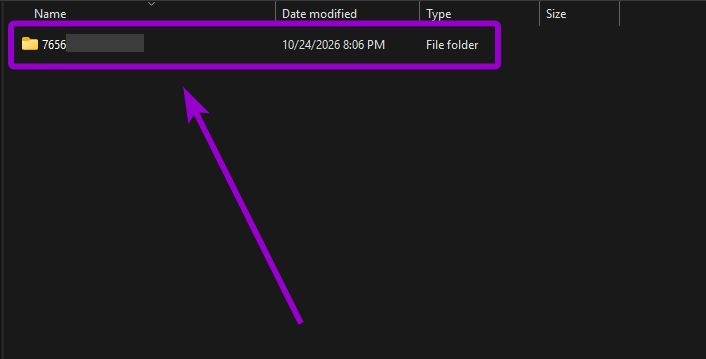 Selecting the Steam64 ID folder inside the local SaveGames directory