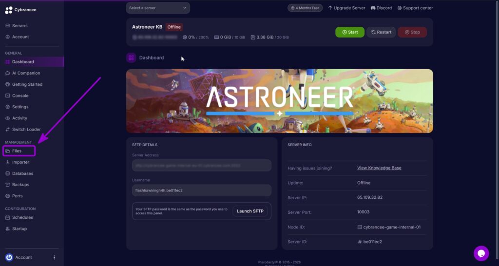 Cybrancee game panel showing the Astroneer server dashboard with the File tab highlighted in the left sidebar.