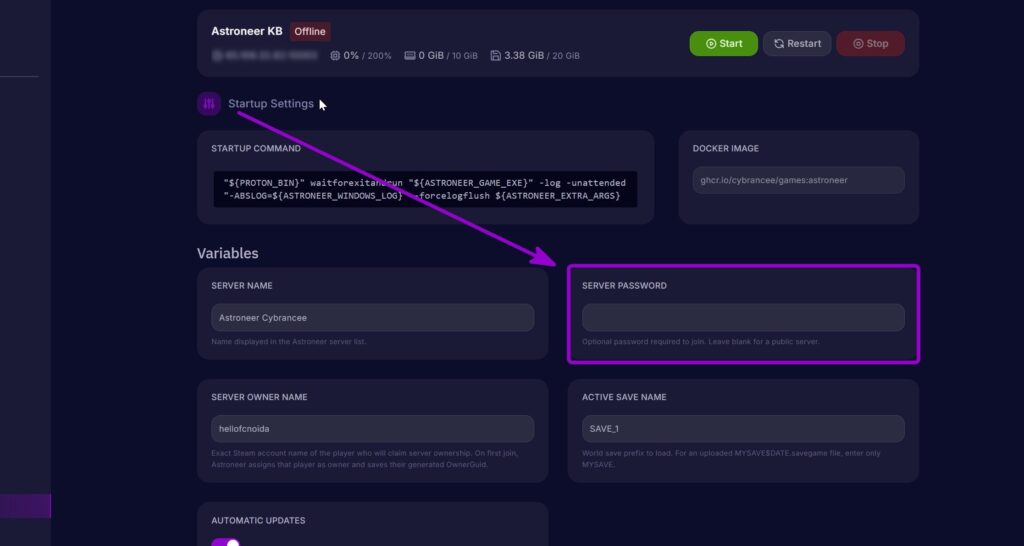 Enter Your password inside the 'Server Password' variable outlined with arrow