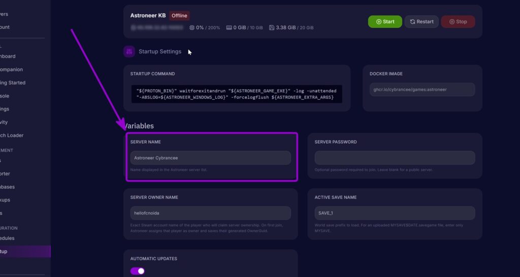 Enter Server name inside the 'Server Name' variable outlined with arrow
