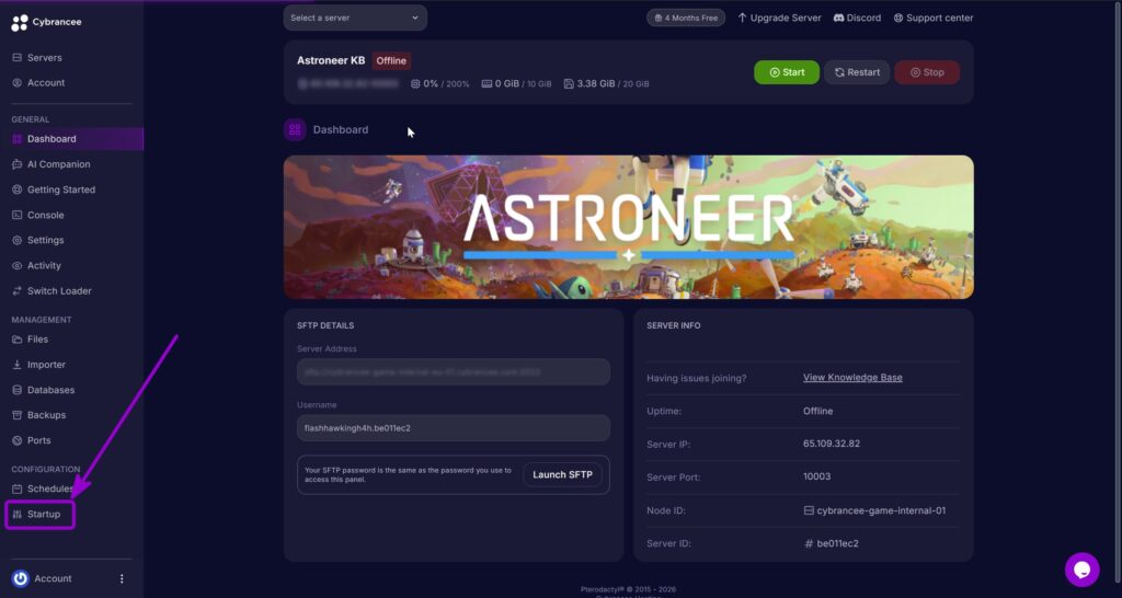 Cybrancee game panel showing the Astroneer server dashboard with the Startup tab highlighted in the left sidebar.