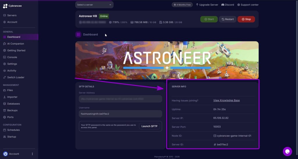 'Server Info' outlined with arrow