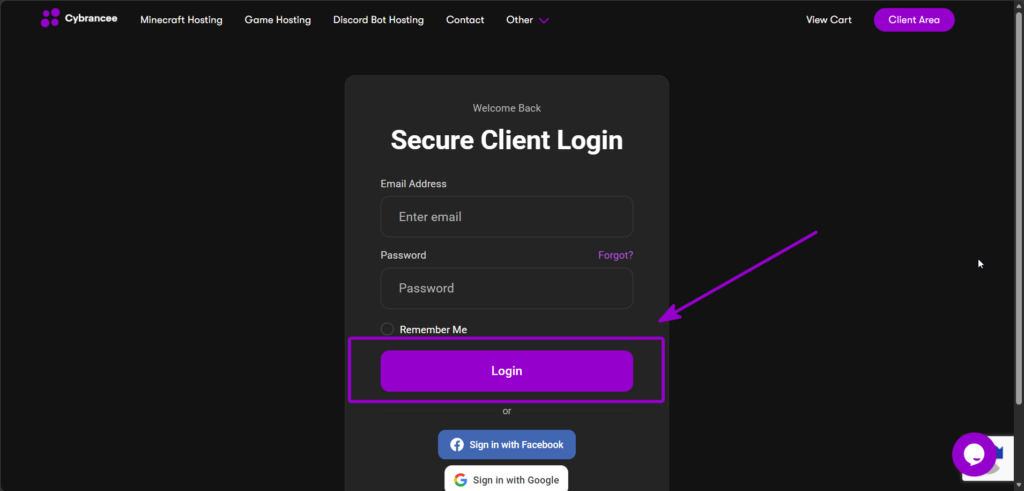 Cybrancee Client Area Secure Client Login screen with Login button outlined with arrow
