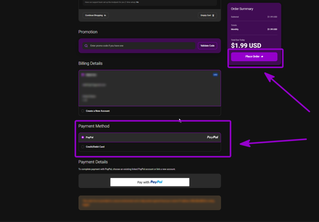 Cybrancee Client Area payment options screen with PayPal and Place Order outlined with arrow