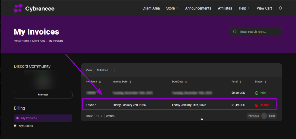 Cybrancee Client Area invoices list with unpaid invoice entry outlined with arrow